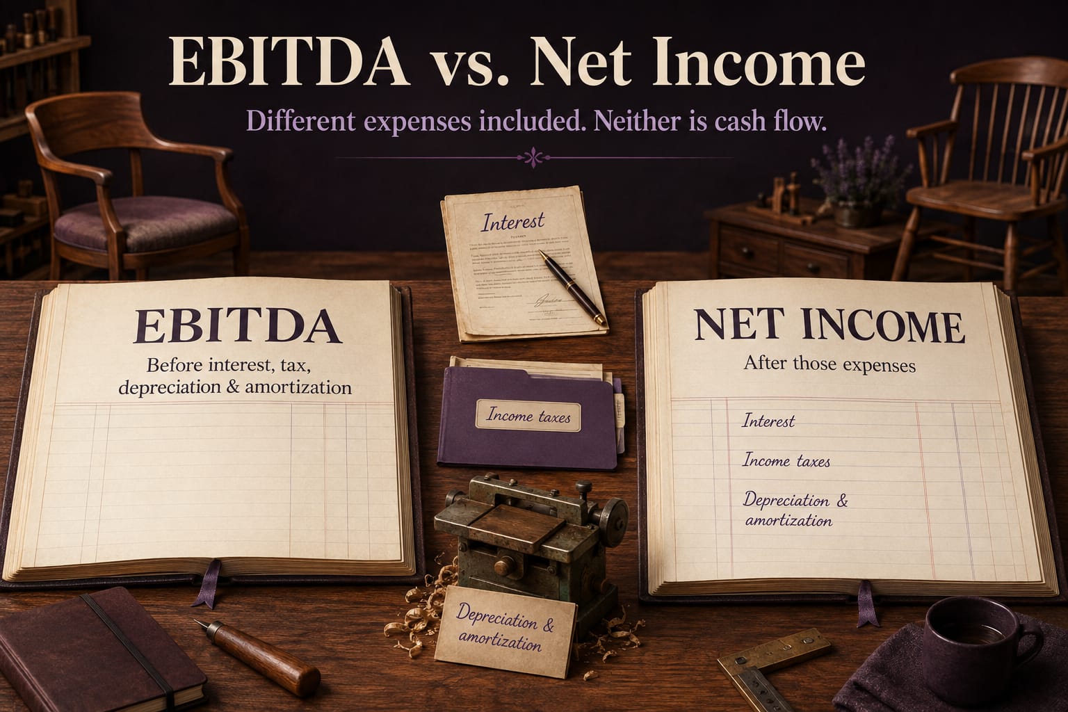 Two accounting ledgers show EBITDA before interest, income taxes, depreciation and amortization, and net income after those expenses.