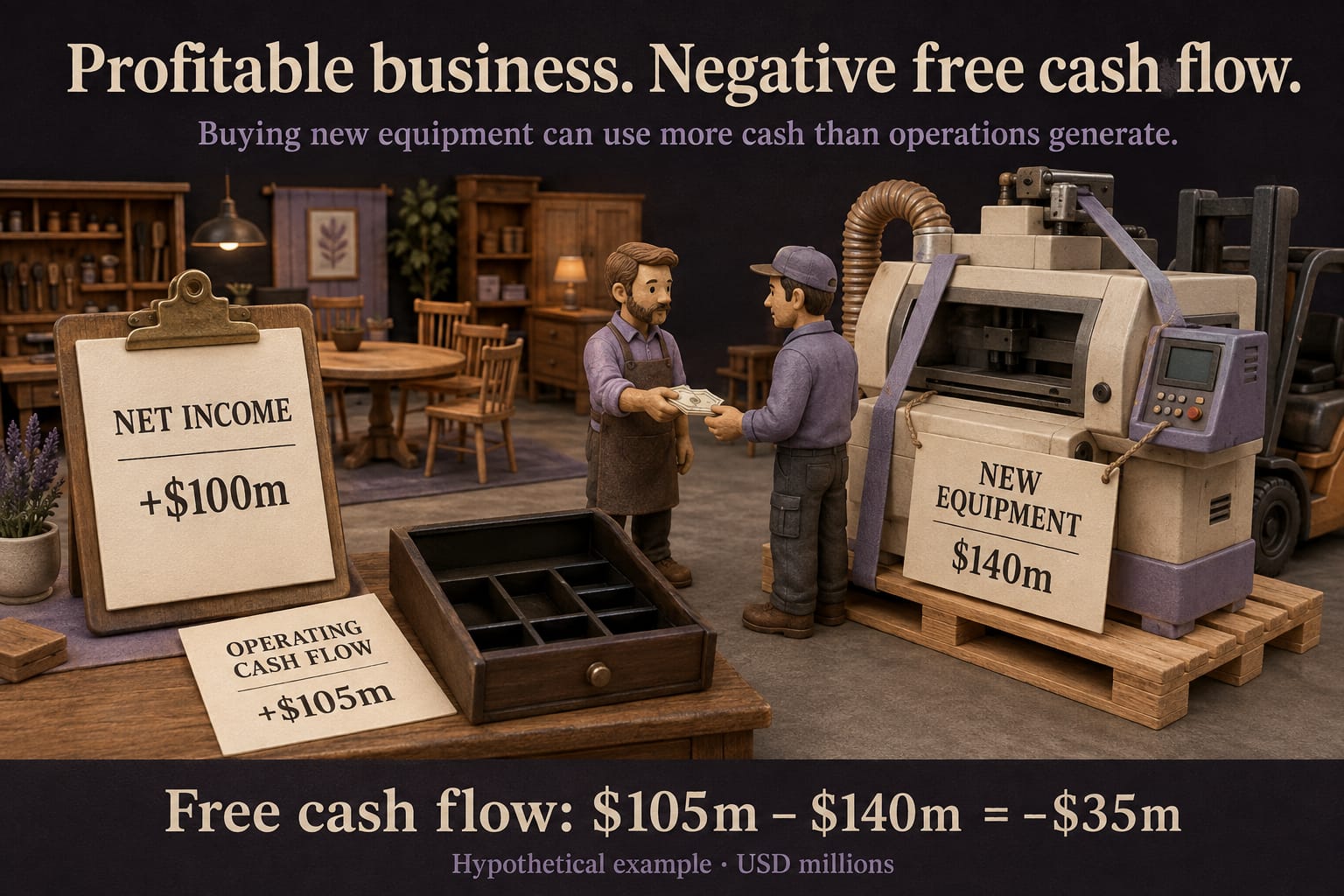 A profitable business buys new equipment: net income is $100m, operating cash flow is $105m, and $140m of capital expenditure results in negative $35m free cash flow.