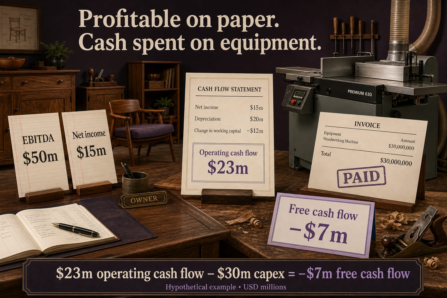 A hypothetical manufacturer reports $50 million EBITDA and $15 million net income, but $23 million operating cash flow minus $30 million equipment spending produces negative $7 million free cash flow.