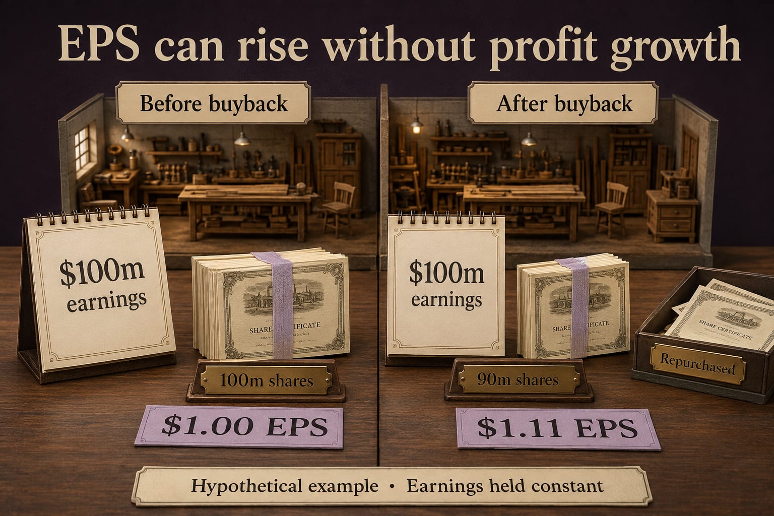 A hypothetical buyback reduces shares from 100 million to 90 million while earnings stay at $100 million, raising EPS from $1.00 to approximately $1.11.