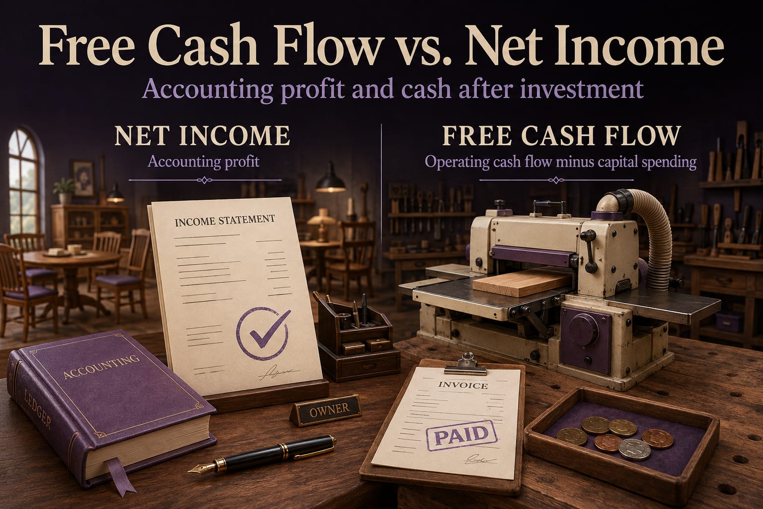 Free cash flow versus net income: an income statement represents accounting profit, while equipment, a paid invoice, and remaining coins illustrate operating cash flow minus capital spending.