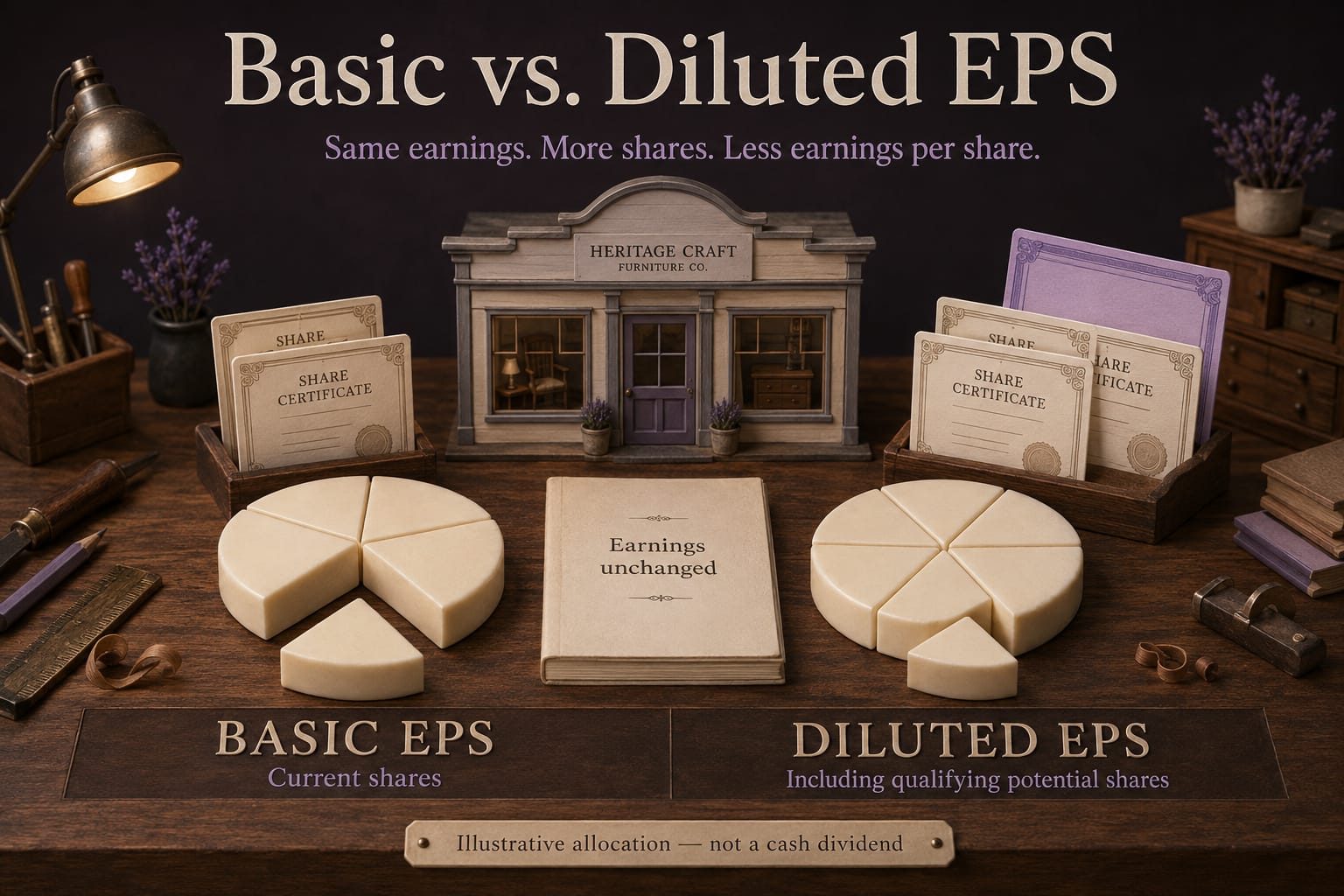 Basic and diluted EPS illustrated as the same accounting earnings allocated across current and qualifying potential shares.
